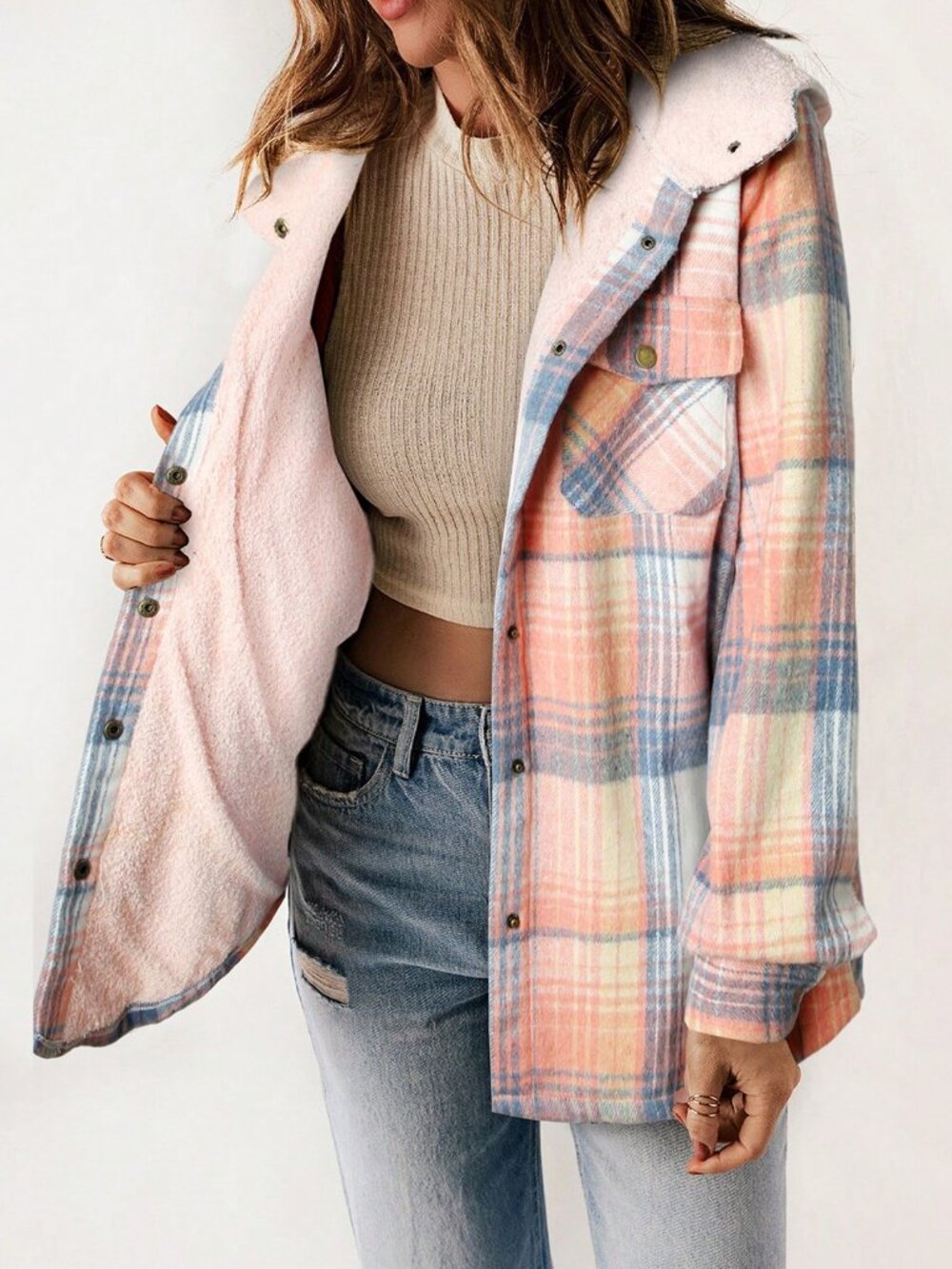 Pink Casual Women's Plaid Print Thermal Lined Hooded Coat